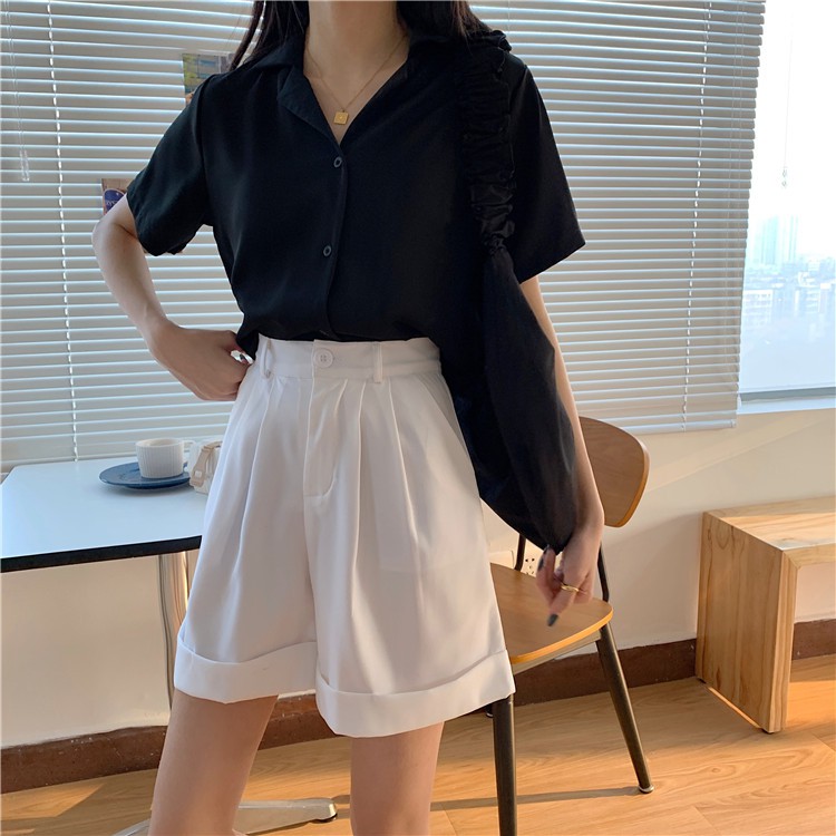 Quần Short nữ gập gấu lưng cao ống rộng màu Đen/ Trắng/ Kem/ Tím / Xanh - Mùa hè phối đồ cực xinh mặc cực mát