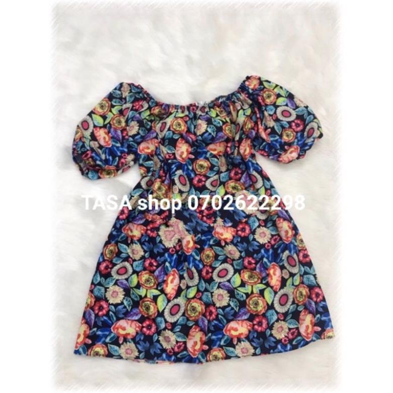 TBO-Video ảnh thật, Đầm váy dáng babydoll xoè cúp ngực trễ vai vải lụa in 3D họa tiết hoa lá cành TASA