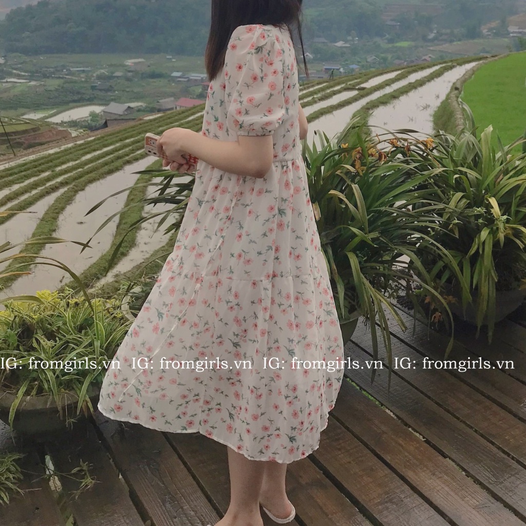 Váy babydoll hoa nhí, đầm maxi hoa nhí tay phồng  - V45FG