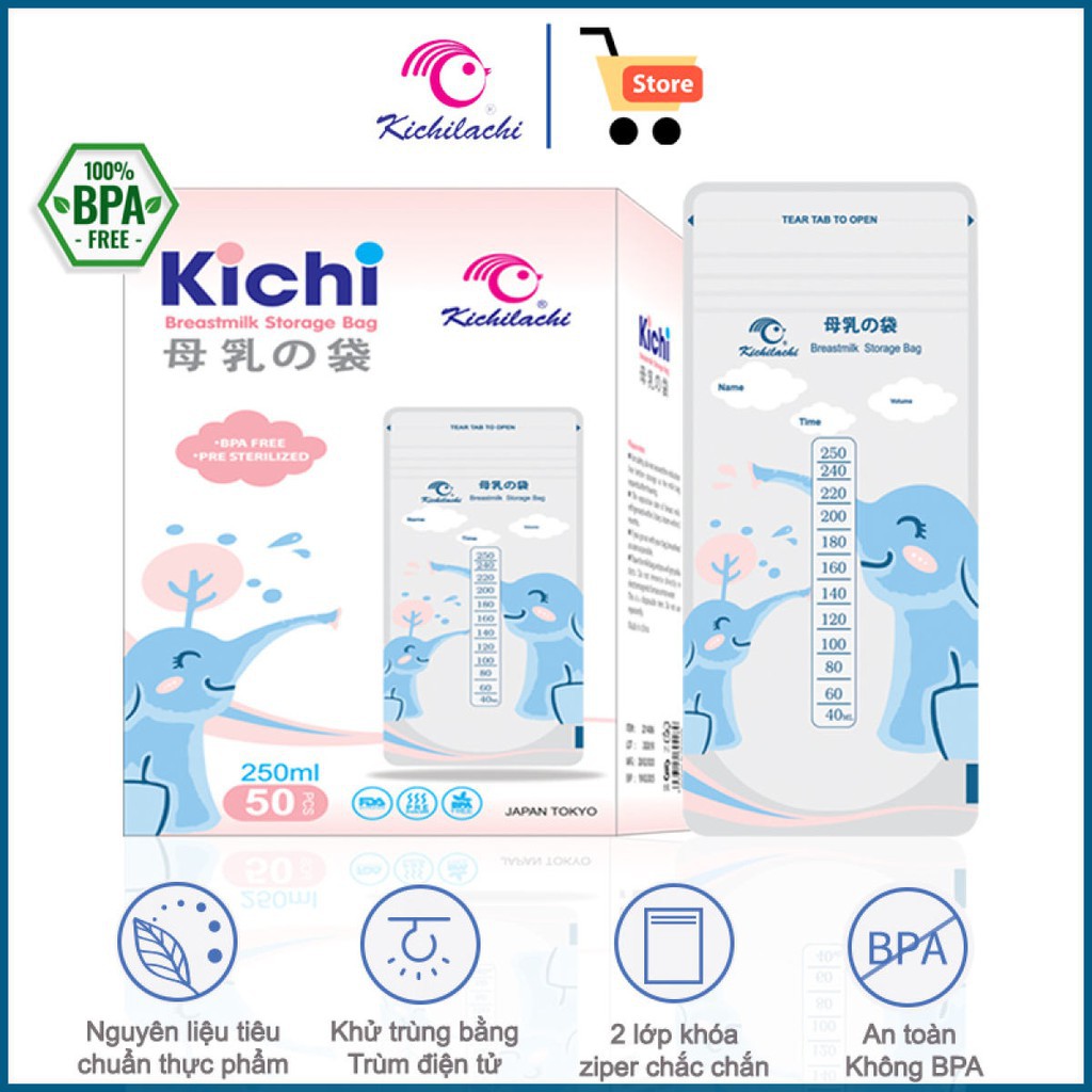 Hộp 50 túi trữ sữa 250ml không BPA, không mùi & 2 khóa zip an toàn cho Bé KICHI KICHILACHI (Hình con voi dễ thương)