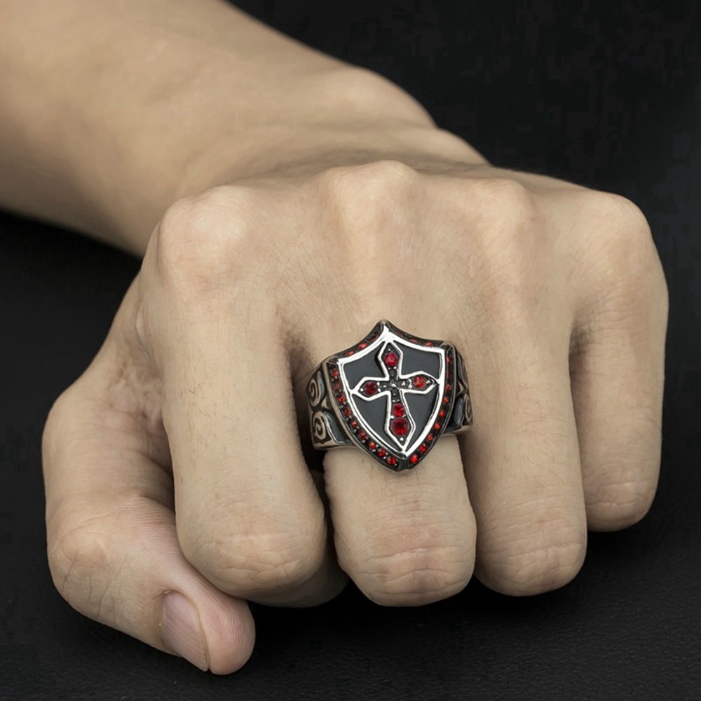 Nhẫn xi mạ bạc đính đá Zircon đỏ phong cách Punk Knight