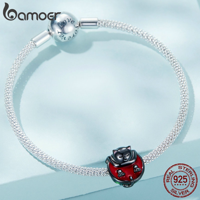 Hạt xâu làm nữ trang Bamoer bạc 925 hình mèo ôm dưa hấu