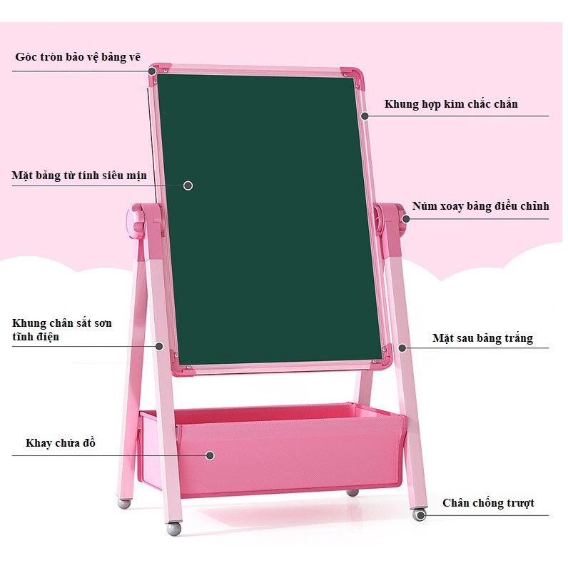 Bảng vẽ hai mặt cho bé loại F 63x93x165 cm có từ tính, xóa dễ dàng bảng không  bụi loại F