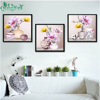 Tranh thêu kín Bộ ba bức bình hoa tuyệt đẹp kt 45_45cm/bức