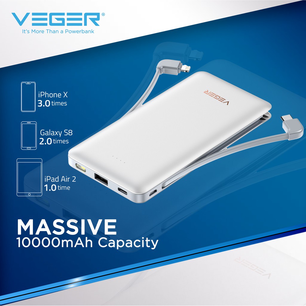 Sạc dự phòng 10000mAh VEGER VP1081, Pin sạc dự phòng tích hợp cáp sạc TypeC Lighning bảo hành 12 tháng - SATOPA