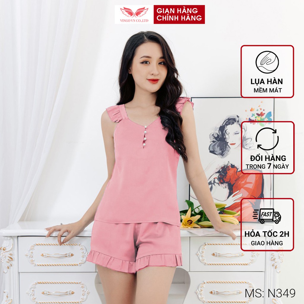 Đồ Bộ Nữ Pijama VINGO Lụa Hàn Trơn Mềm Mịn Tay Cánh Tiên Quần Cộc Cổ Phối Cúc Ngọc Thanh Lịch Cao Cấp Mùa Hè N349 VNGO