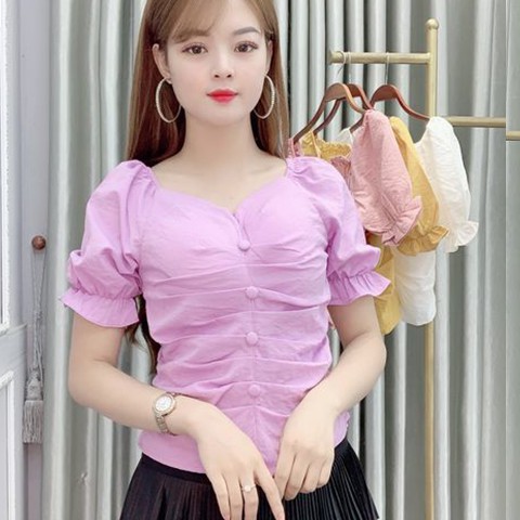 Áo Sơ Mi Nữ Kiểu Công Sở Ngắn Tay Cổ Tim thiết kế - 4 màu: Trắng, Hồng, Tím, Vàng - Hanlly Fashion Thời Trang Nữ - AM29