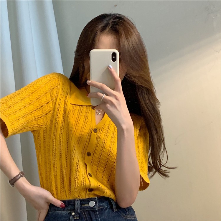 Áo dệt kim tay ngắn màu sắc đơn giản phong cách retro thời trang dành cho nữ