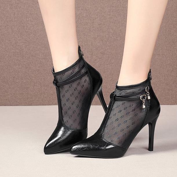 ✣⊕┅Net gauze sandals women 2021 new pointed-toe boots fine-heeled hollow high-heel Baotou Roman