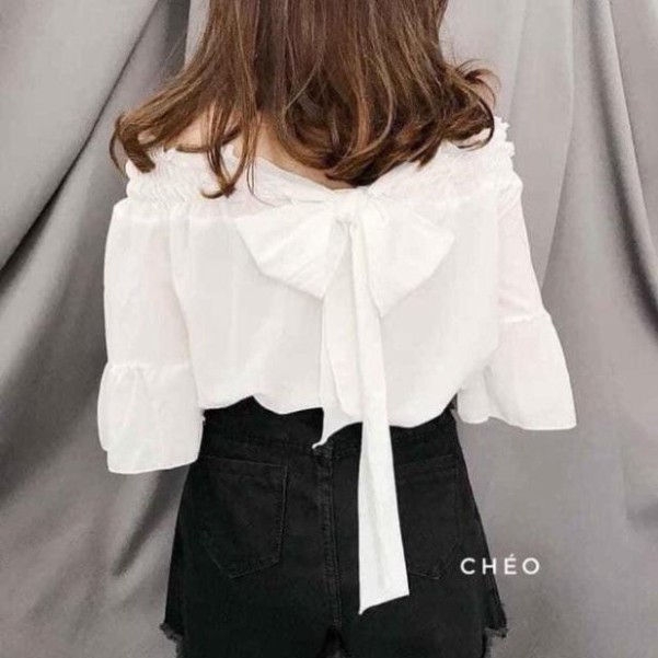 áo trễ vai tay dài, áo bánh bèo trễ vai nơ sau lưng điệu đà năng động cho bán gái, chất đẹp rẻ