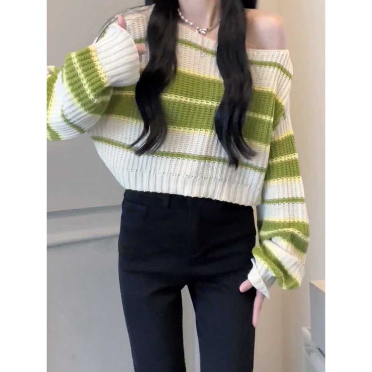 Áo Sweater Dệt Kim Dáng Rộng Kẻ Sọc Màu Sắc Tương Phản Thời Trang Thu Đông Cá Tính