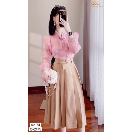A2174 CV2175 - set áo sơ mi hồng chân váy xoè vàng