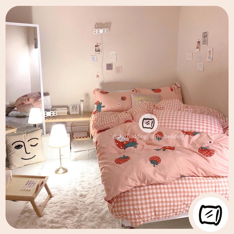 Set chăn ga gối Poly cotton: dâu tây hồng