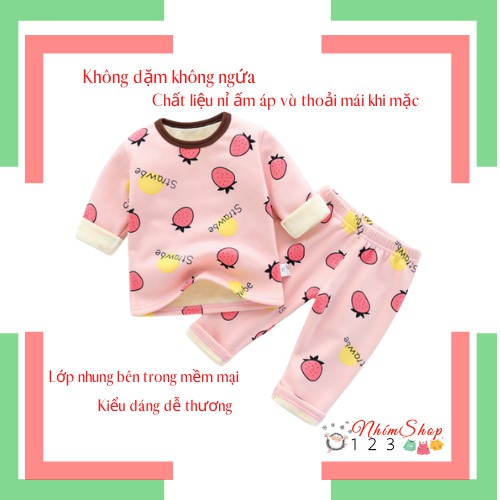 Bộ quần áo giữ nhiệt bé gái từ 1 đến 3 tuổi có lớp lót nhung bên trong siêu mềm mịn, ấm áp, giá rẻ, họa tiết dâu tây nhỏ