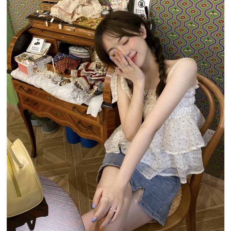 Áo Lửng Không Tay Họa Tiết Chấm Bi Thời Trang Mùa Hè Quyến Rũ Cho Nữ