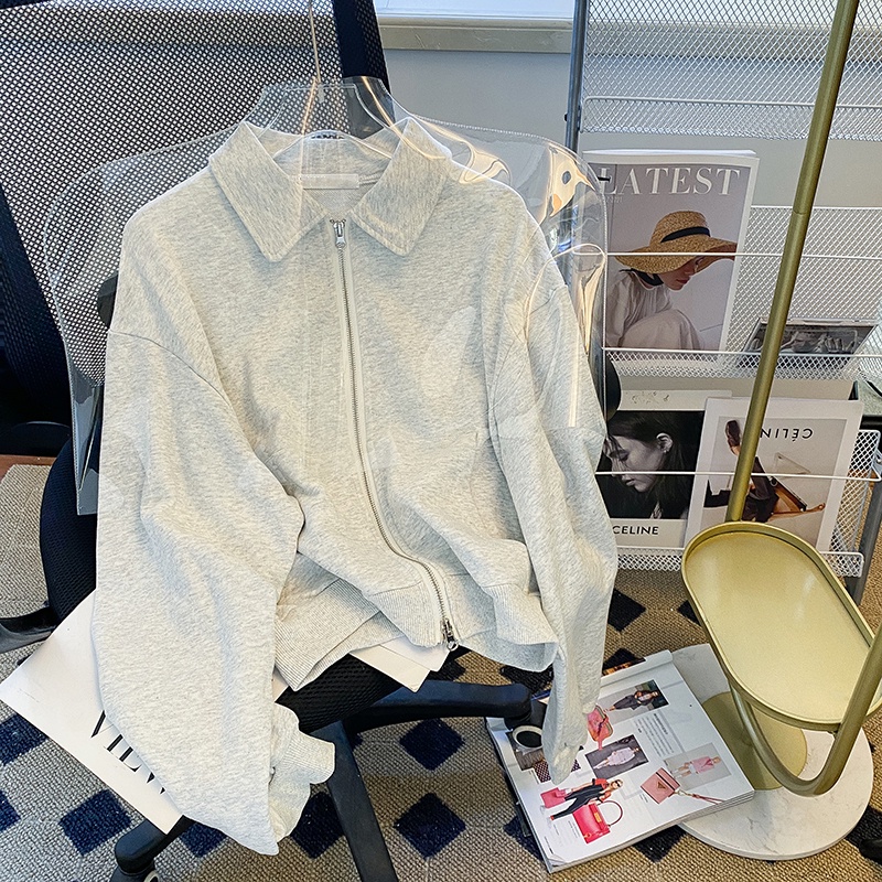 Áo cardigan ZHELIHANGFEI tay dài cổ polo lưng cao theo phong cách retro mỹ dễ phối đồ