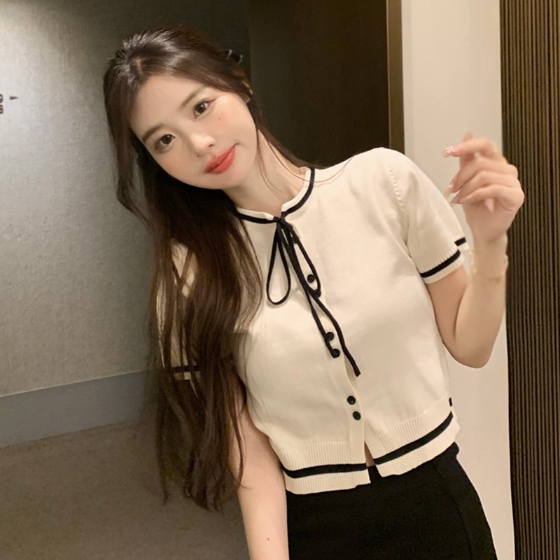 Áo Thun Baby Tee Nữ Tay Ngắn Áo Croptop Áo Phông Dệt Kim Tay Ngắn Cổ Tròn Đính Nơ Phong Cách Hàn Quốc Thời Trang Mùa Hè Cho Nữ