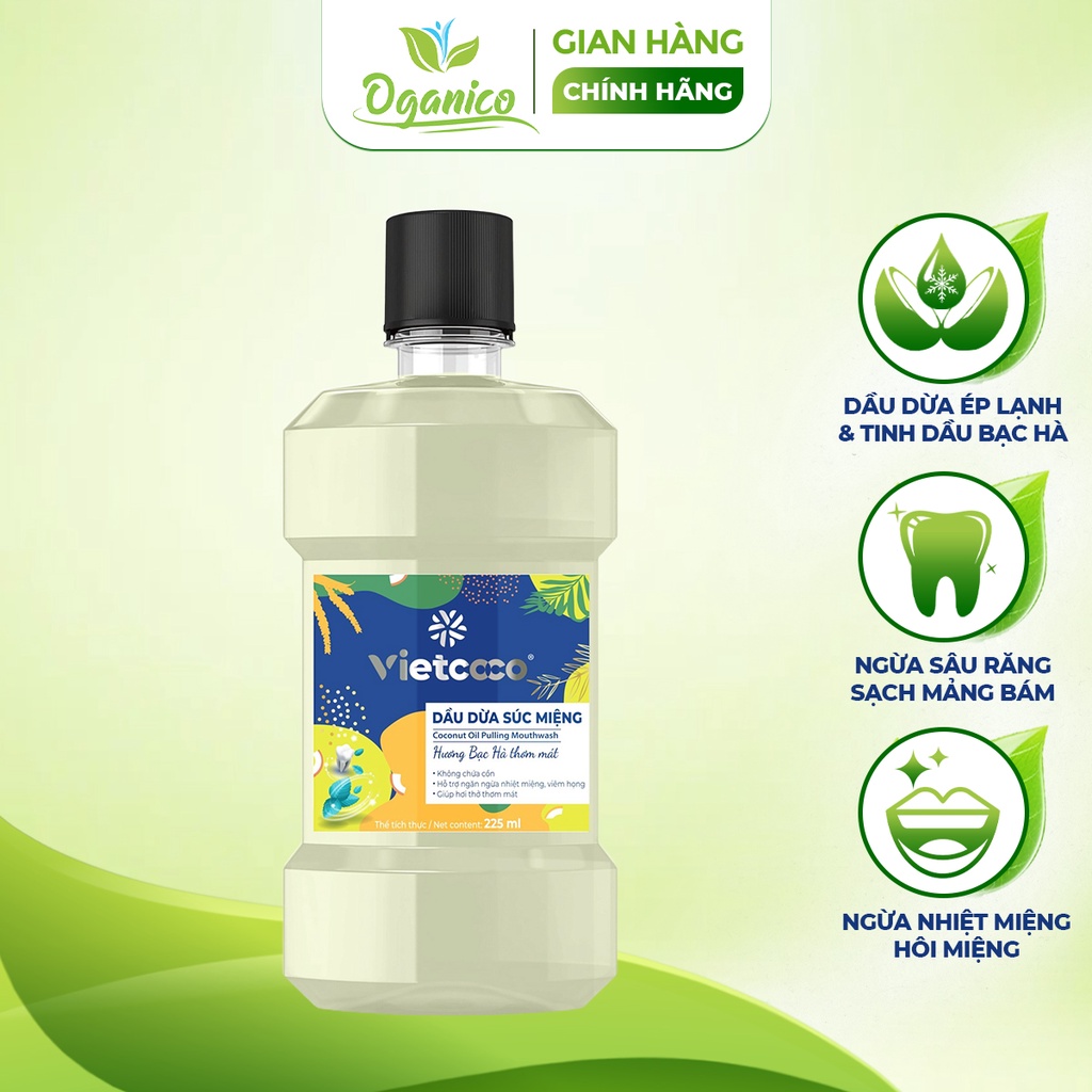 Nước súc miệng dầu dừa nguyên chất ép lạnh Vietcoco hương bạc hà bảo vệ răng miệng 225ml - Oganico