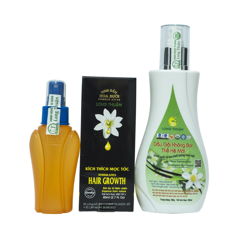 Combo Dưỡng tóc Long Thuận Tinh Dầu Hoa Bưởi Loại 1 và Gội Đầu Không Bọt Thế Hệ Mới Chai