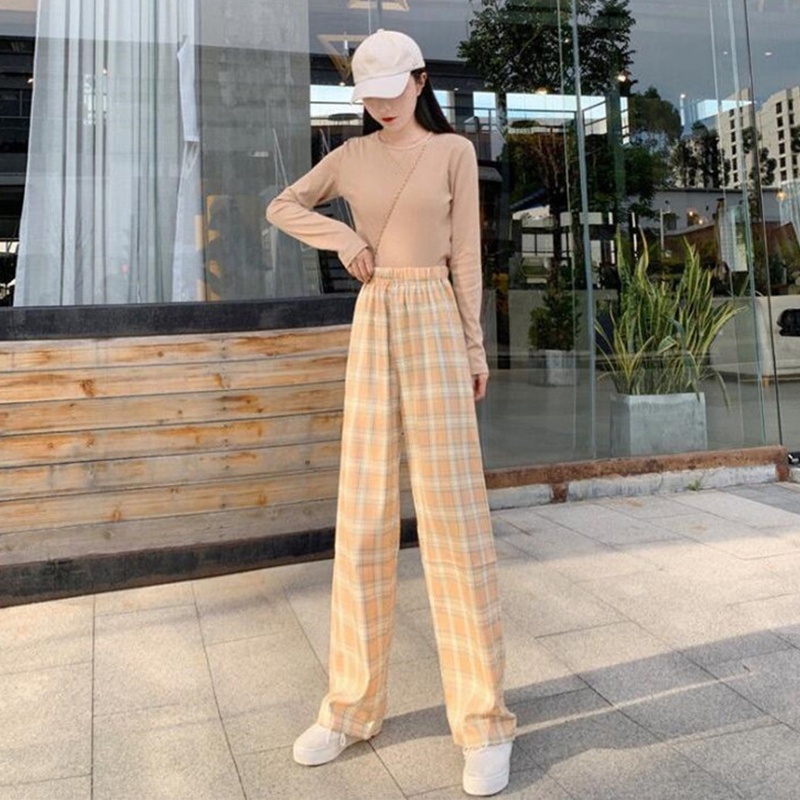 Quần ống rộng Lưng Cao Co Giãn In Họa Tiết Kẻ Ô Phong Cách Harajuku Cổ Điển Thời Trang Cho Nữ