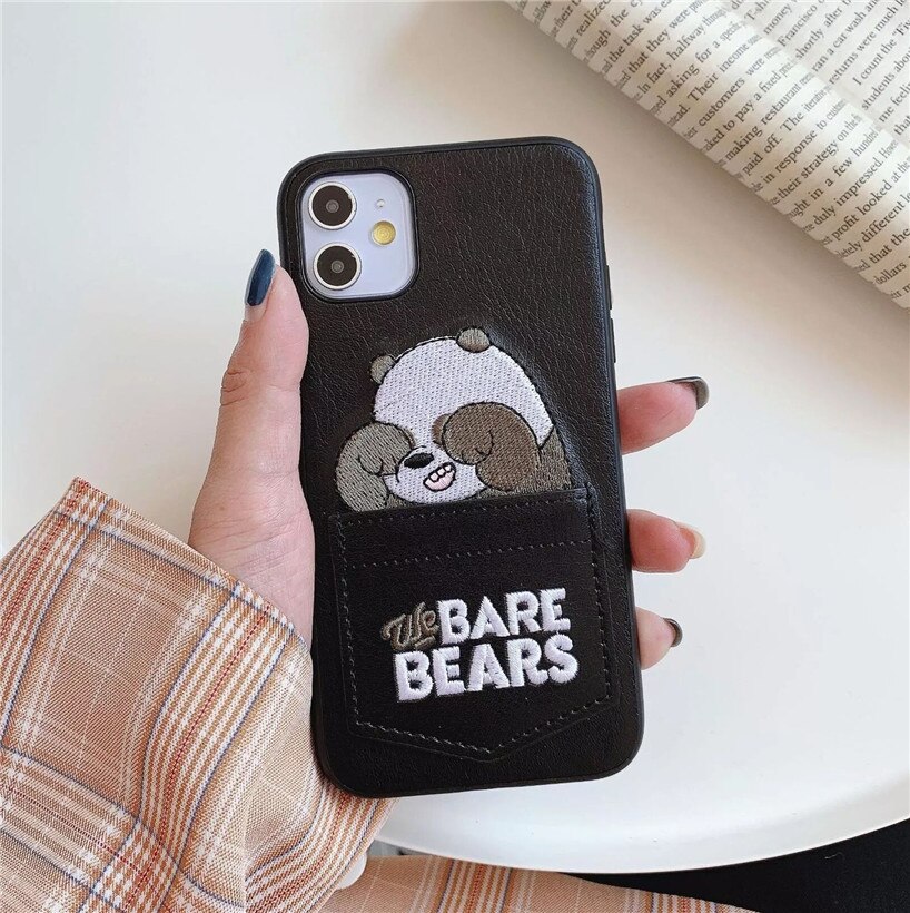Ốp Điện Thoại Thêu Hình Gấu Có Ngăn Đựng Thẻ Cho iphone 13 pro max 11 12 14 xr xs x  7 8 plus