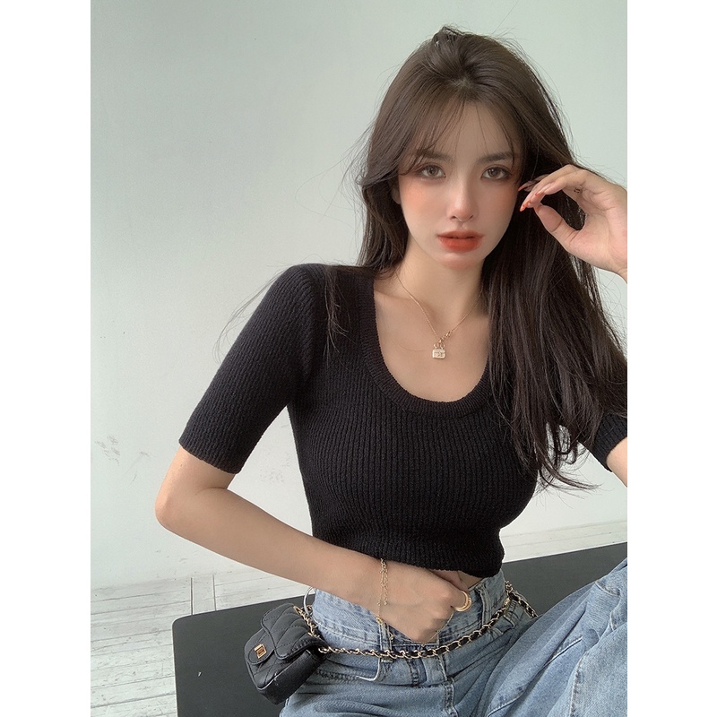 QADCOL  Áo Thun Croptop Tay Ngắn Cổ Chữ U Eo Cao Thời Trang Cho Nữ