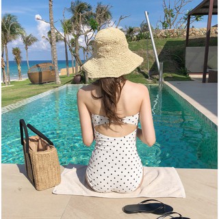 [Sẵn, y hình] Bikini liền, bikini 1 mảnh trắng chấm bi dễ thương