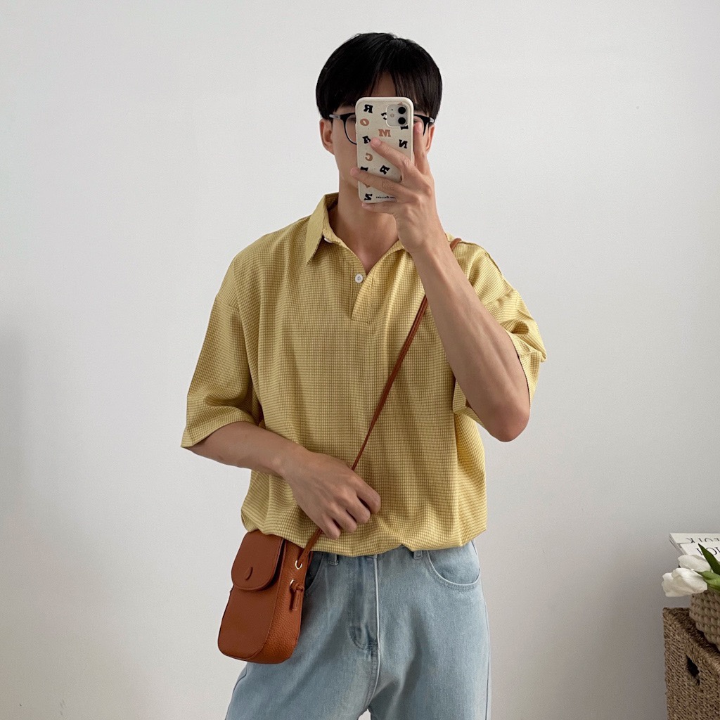 NOBITA HOME - Sơ mi tay ngắn cổ henley kê caro nhí form rộng BURNLEY