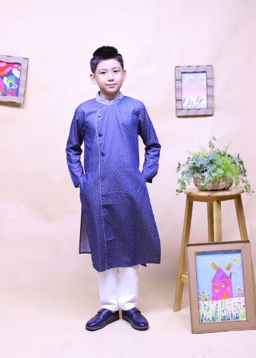 Áo dài bé trai denim chấm Jadiny