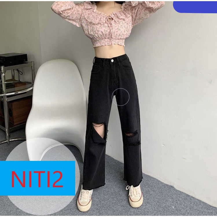 [ VINH HOA ] QUẦN JEANS ỐNG RỘNG NỮ LƯNG CAO MÀU ĐEN RÁCH VẠT TRONG GỐI PHẢI 2 SỌC TRÁI LAI TUA VẢI MỀM MỊN CAO CÁP NITI