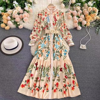 Đầm maxi họa tiết hoa nhí hình tháp tay dài