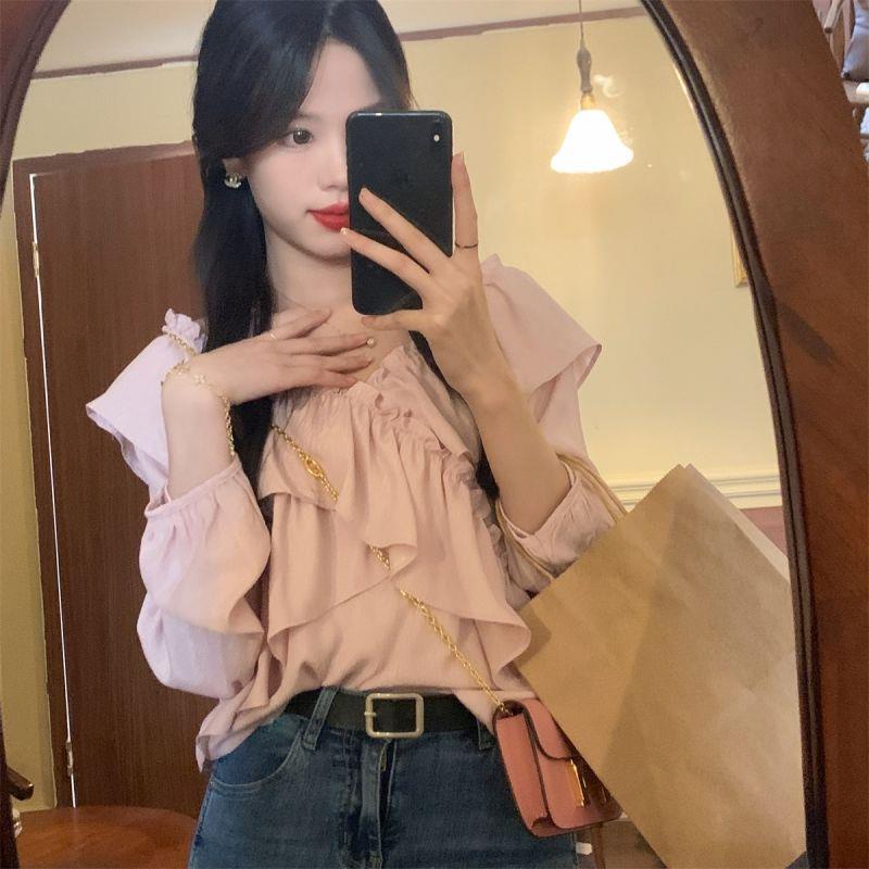 Áo Sơ Mi Cổ Lá Sen Màu Trơn Phong Cách Hàn Quốc Thời Trang Mùa Hè Mới