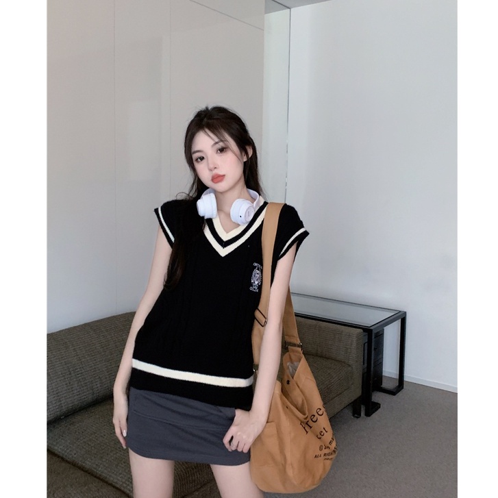 Porozi  Áo sweater Áo sát nách dệt kim tay dài cổ chữ V phong cách thời trang Hàn Quốc dành cho nữ