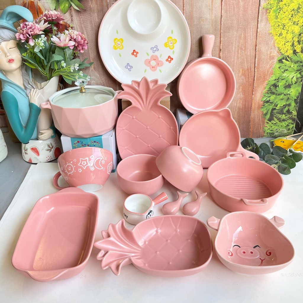 Set Bát Đĩa Decor Hồng cute Bát Ăn Cơm Chén Dĩa Dễ Thương Bát Ăn Dặm Cho Bé