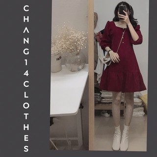 váy nhung đỏ mận xoè