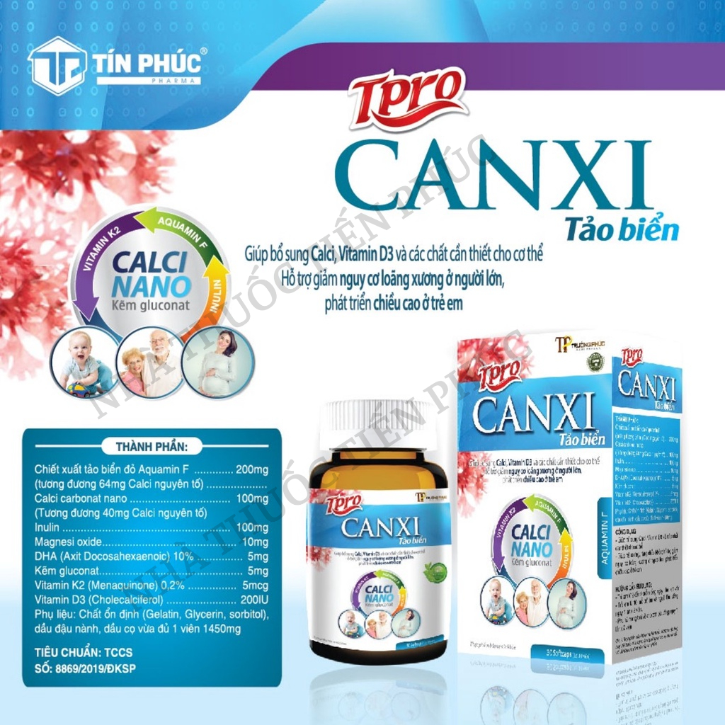 CANXI TẢO BIỂN Bổ sung canxi hữu cơ từ tảo biển và vitamin D3 Magie giảm loãng xương, tăng chiều cao LỌ 30 VIÊN