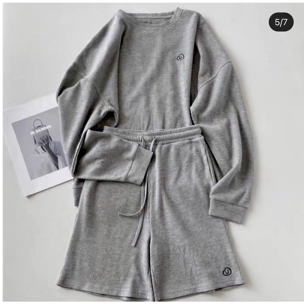 Set Icon Mặt Cười Nhỏ PEONYB Nữ [FREESHIP]  Bộ quần short ống rộng kèm áo thun dài tay bồng, sweater cá tính Ulzzang