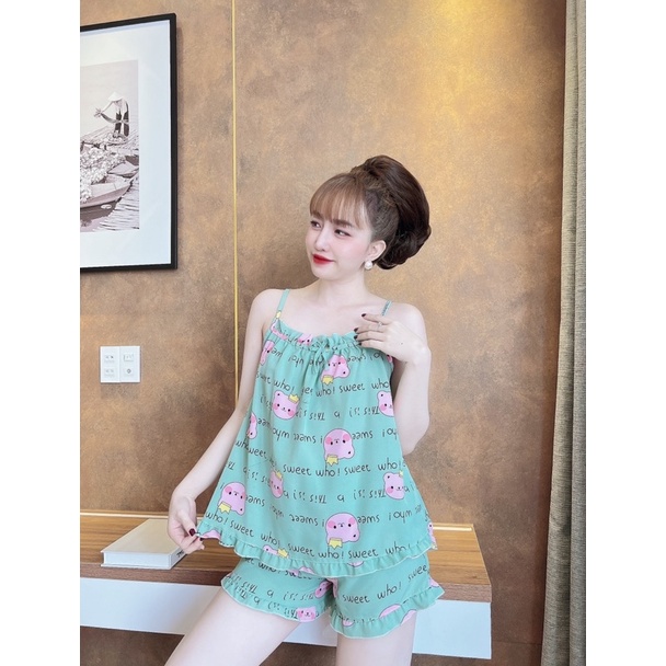 Đồ ngủ 2 dây dễ thương, bộ lụa viền bèo mặc nhà mát