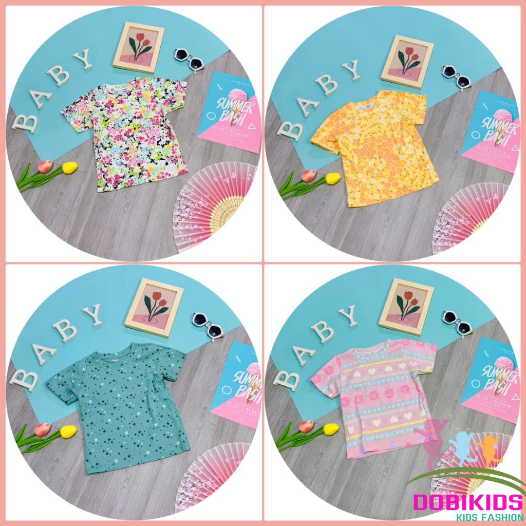 Áo bé gái thun cotton xuất dư vải siêu mềm mịn co giãn hoạ tiết xinh xắn 10-27kg