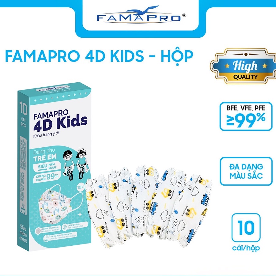 Khẩu trang trẻ em Famapro 4D KIDS kháng khuẩn cao cấp (10 cái/ hộp)