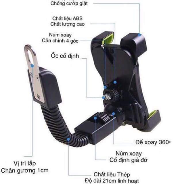 Giá Đỡ Điện Thoại Gắn Xe Máy - Thiết Kế Kẹp 4 Cạnh Treo Điện Thoại Vào Gương Chiếu Hậu