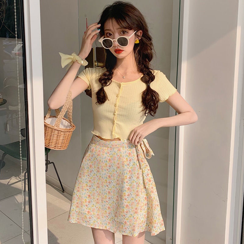 Set Áo Khoác Cardigan Và Chân Váy In Hoa Cho Nữ