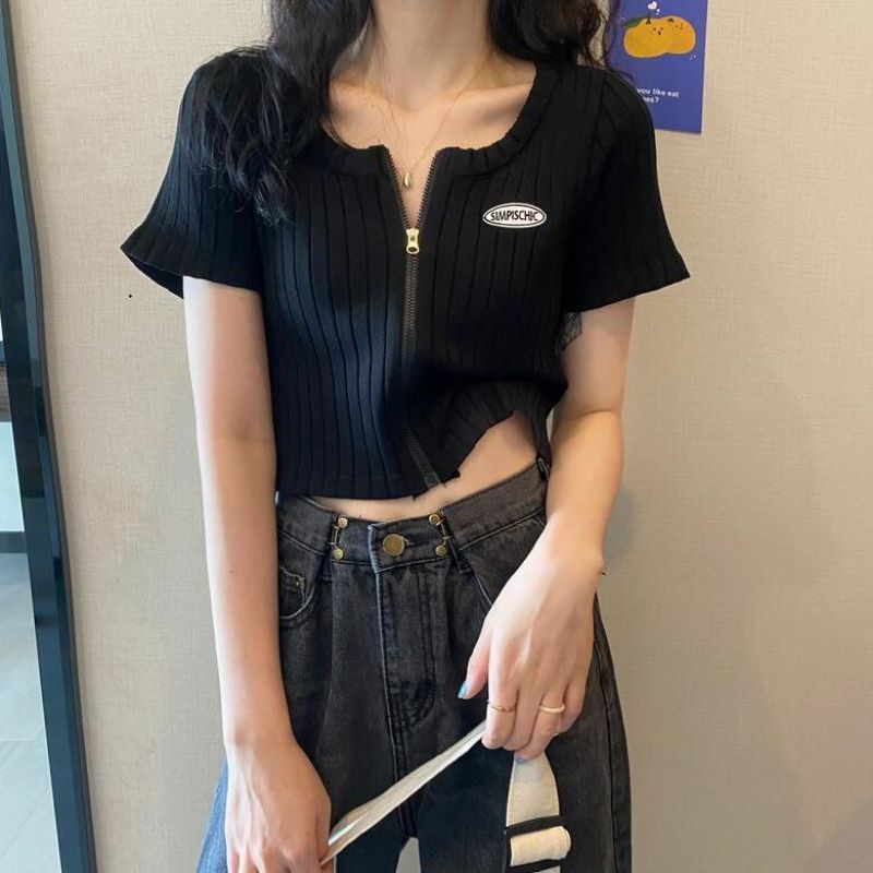 Áo crotop ngắn tay có khoá kéo phong cách hàn quốc trẻ trung cho mùa hè sành điệu