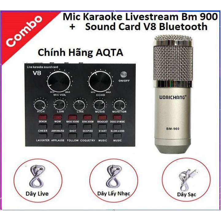 Combo Soundcard V8 AQTA Chính Hãng Bluetooth + Mic Karaoke Livetream BM 900, Có AutoTune Chuẩn Phòng Thu