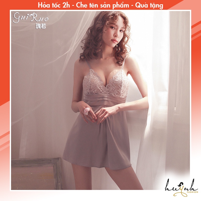 Váy ngủ hai dây phối ren chân ngực xếp ly cao cấp GUIRUO - N64