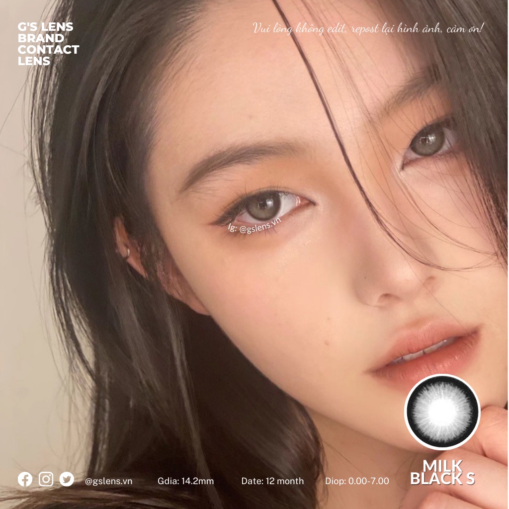 Lens Mắt Kính Áp Tròng Đen Xám Hoa Văn MILK BLACK Giãn Ít Có Từ 0 Đến 7 Độ Lệch Độ Size S 14.2mm