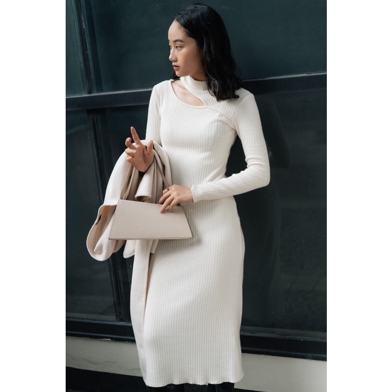 Váy len midi nữ chi tiết vai cut-out (Trắng)_MONOTALK O10028TK