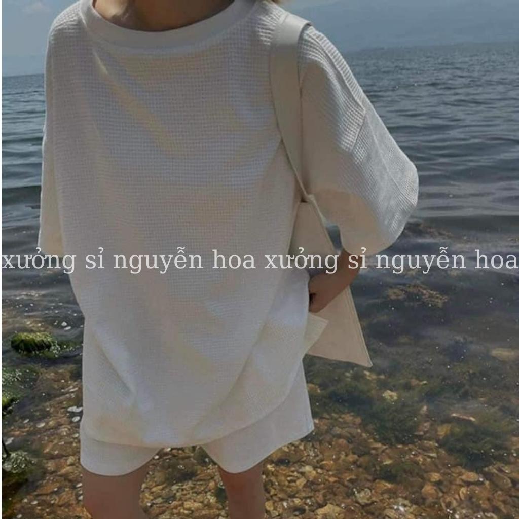 Bộ áo thun tay lỡ dáng rộng kèm quần đùi chất xốp mát form unisex 2 màu trắng đen nam nữ mặc được Xưởng Sỉ Nguyễn Hoa