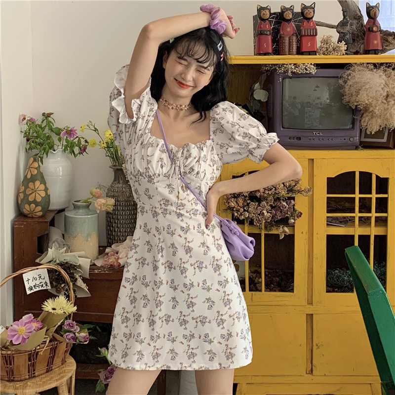 Đầm Xiaozhainv Cổ Vuông Tay Ngắn Họa Tiết Hoa Xinh Xắn Cho Nữ | BigBuy360 - bigbuy360.vn