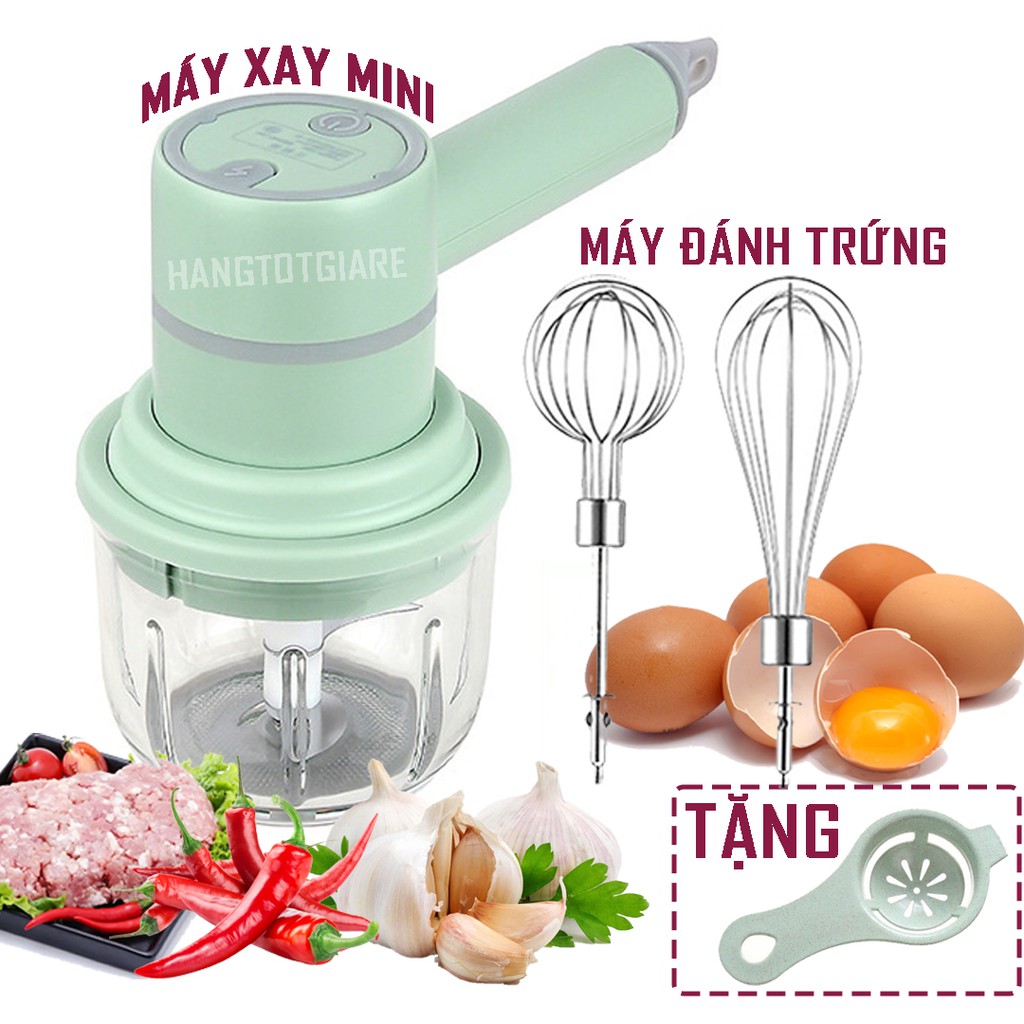 Máy Đánh Trứng Cầm Tay Mini Kiêm Máy Xay Thịt Đa Năng Sạc Tích Điện Xay Tỏi Ớt, Rau Củ Đa Năng